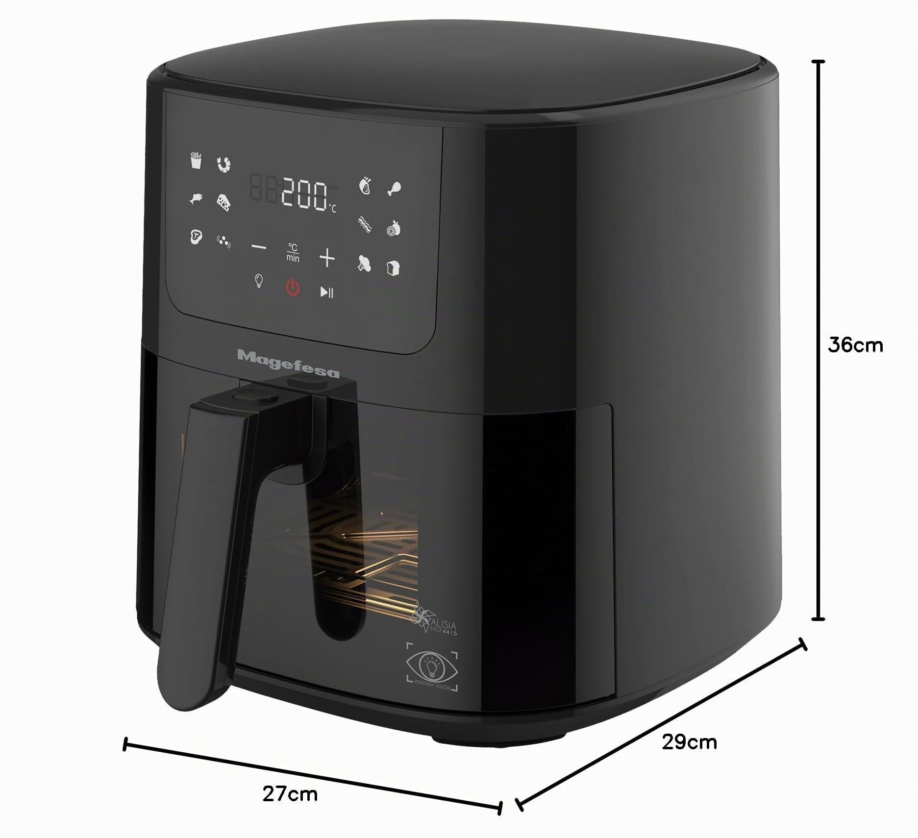 Magefesa Alisia - Freidora de Aire, 1500W, 5 Litros, 11 Funciones, Limpieza Sencilla, Aire Caliente 360º, Apagado Automático, Desmontable, Negra