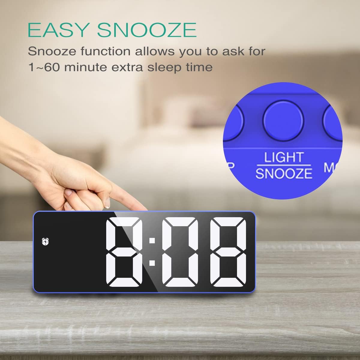 ORIA Digital Alarm Clock, 6.5 in LED Alarm Clock, Electronic Alarm Desk Clock for Bedroom with Snooze, USB Charging Ports, 3 Adjustable Brightness for Bedroom, Home, Office, Blue and White