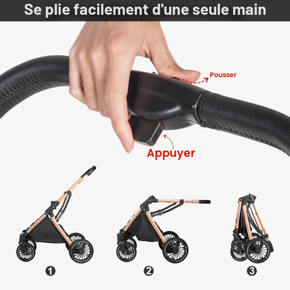 Poussette 3 en 1 pliable avec mode berceau et roues tout terrain | Dossier inclinable modulable, adapté aux nouveau-nés et tout-petits avec accessoires fournis,Noir