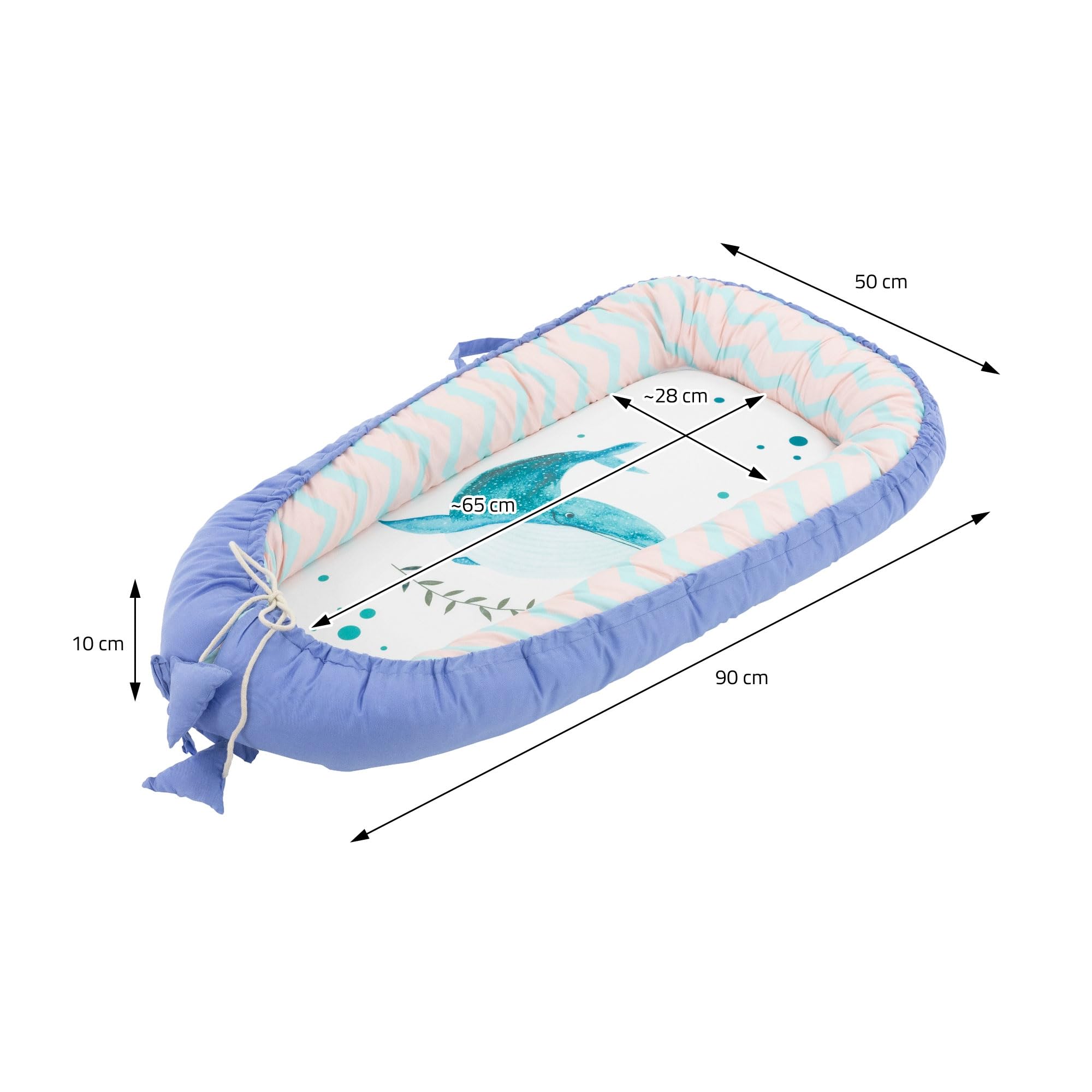 Joyz Nid de Bébé, Baleine-Minky Bleu Foncé, 90x50 cm, 100% Coton, Couverture Douillette, 2 Faces, Housse Amovible, Cocon Bébé Portable, Antiallergique, Lit de Bébé Nouveau-né, Nid Multifonction Voyage