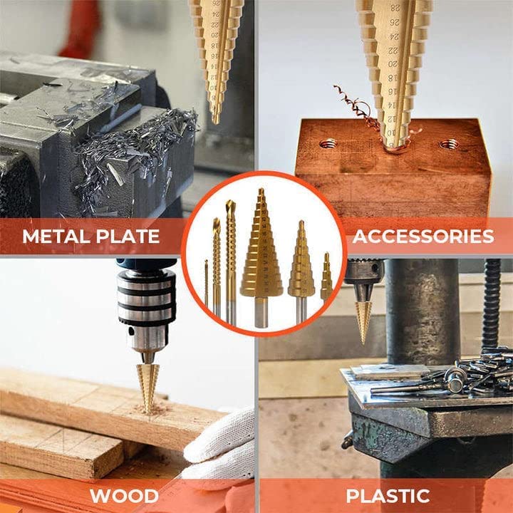 Miniatura 4 de Juego de 6 brocas escalonadas de titanio, juego de dientes de sierra de pagoda de escariado de alta velocidad, 3 brocas de 3 pasos, 3 brocas