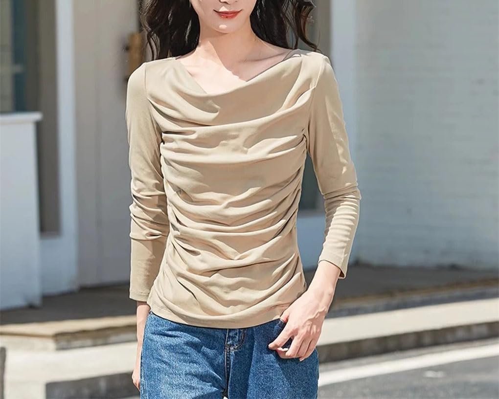 Camiseta de manga larga para mujer, cuello redondo, color liso, estilo clásico, plegable, para oficina