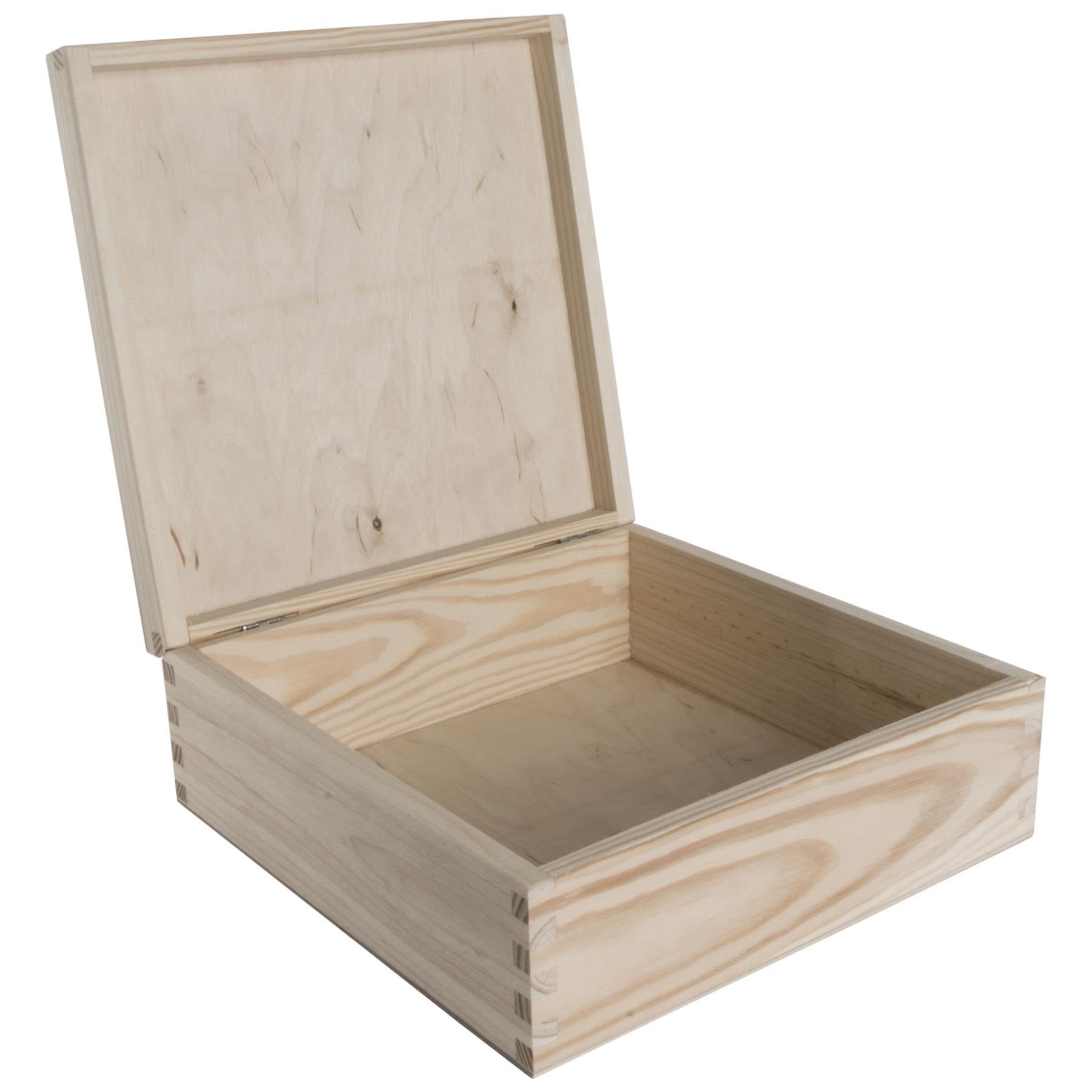 Woodeedoo Natural Wood Square Wooden Storage Box With Hinged Lid – 22.5 X 22.5 X 8 Cm – Unfinished Pine Craft Chest For Stationery Letters Trinkets Jewellery Keepsakes Gift Decoration Diy Decoupage