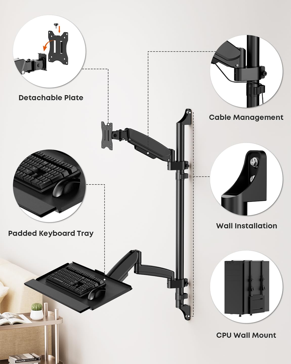 Soporte de pared para estación de trabajo con soporte para monitor individual, bandeja para teclado y soporte para CPU, altura ajustable y brazos totalmente articulados para pantallas de 17-32
