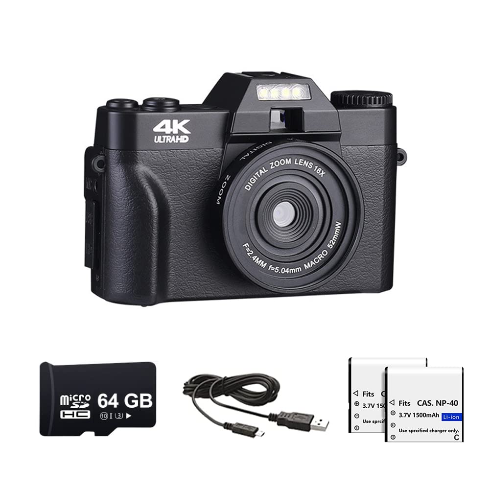 Digital Camera for Photography and Video 4K 48MP Vlogging Camera for YouTube with 180° Flip Screen,16X Digital Zoom,52mm Wide Angle & Macro Lens, 64GB TF Card, 2 Batteries (Ordinary paragraph)