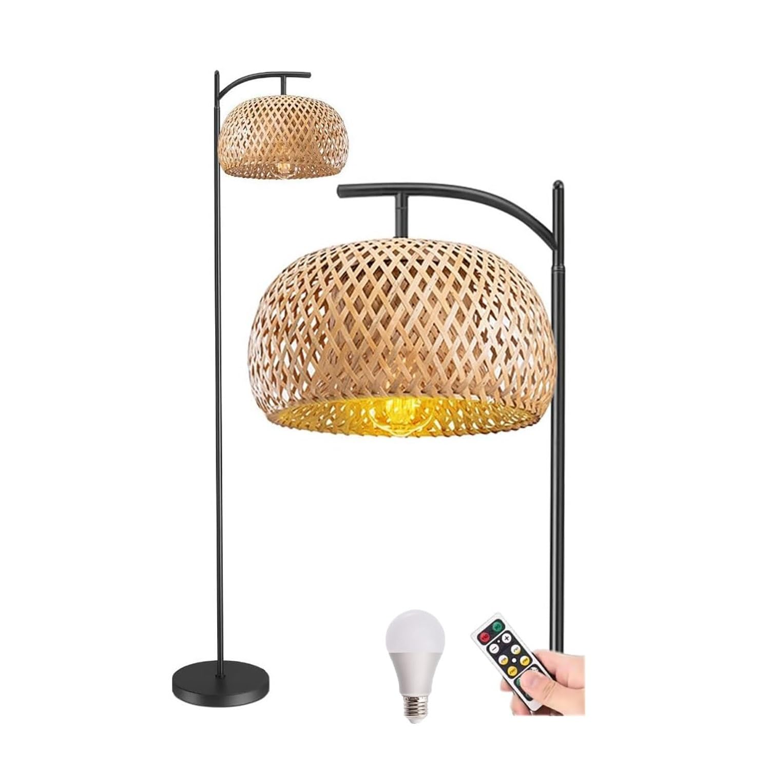 Lámpara de pie artesanal de bambú hecho a mano con iluminación regulable a pilas