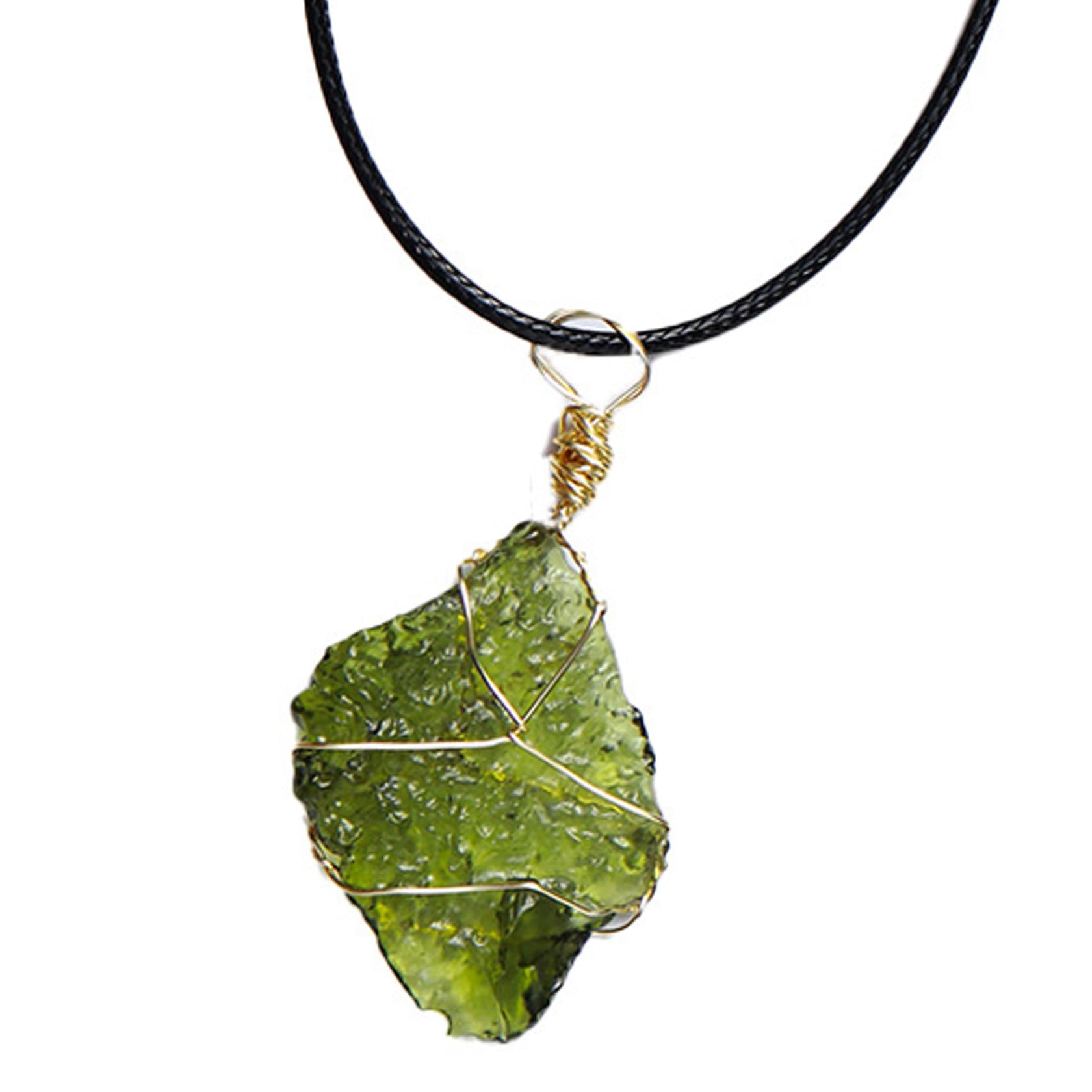 Moldavite Necklace, Exquisite Dark Green Irregular Shape Moldavite Crystal Pendant Necklace with Rope, Rough Crystal Energy Stone Favor for Men Women Pendant