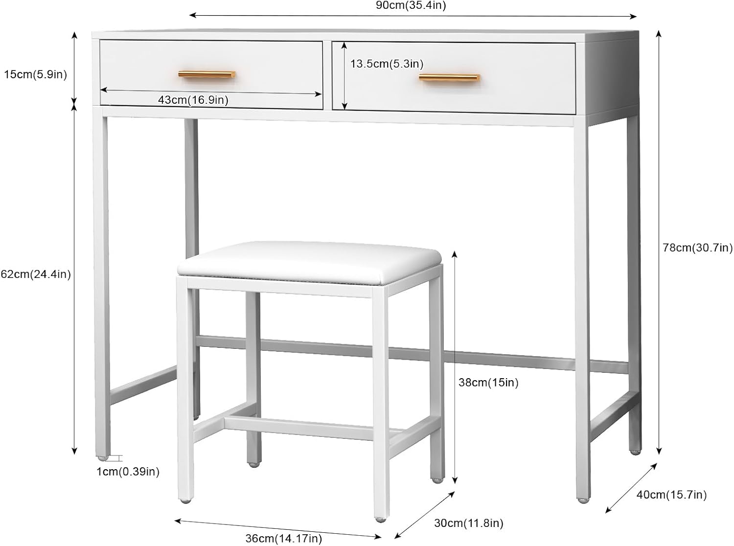 Vanity Desk with 2 Large Storage Drawers, Modern Makeup Vanity with Stool, Small Computer Desk for Bedroom, Office & Study, 80×90CM, White