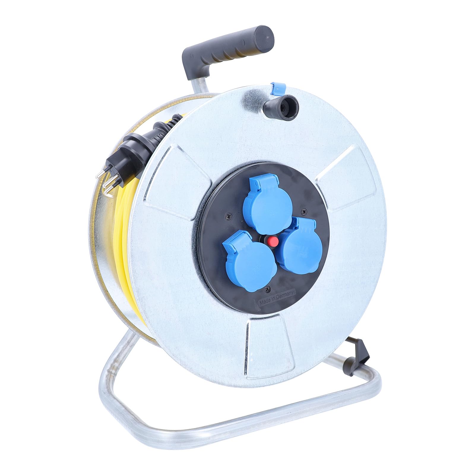 as - Schwabe avvolgicavo 50 m AT-N07V3V3-F 3G2,5, IP44 esterno, con spina SEV T13 IP55, 3 prese Tipo 13, interruttore termico di protezione, tamburo in lamiera d’acciaio zincata, Made in Germany