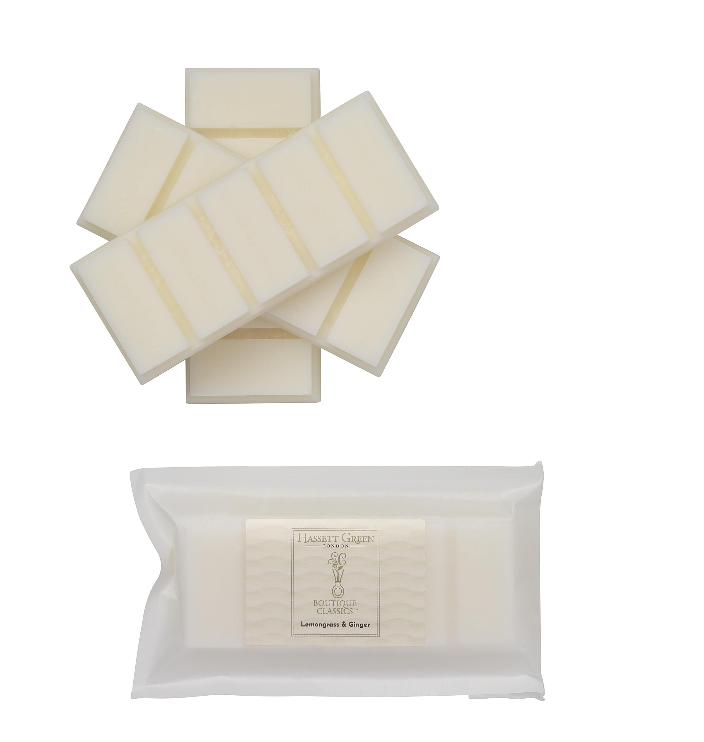 B&Q - Hassett Green LondonLemongrass & Ginger Wax Melts3 X 55G Snap BarsSoy-Free & Paraffin-FreeHandmade In The Uk