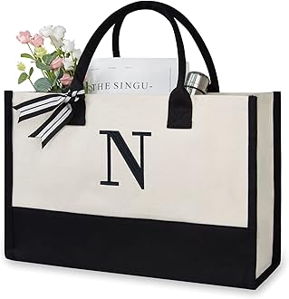 Personalized Initial Canvas Beach Bag, Monogrammed Gift Tote Bag for Women, N, Medium