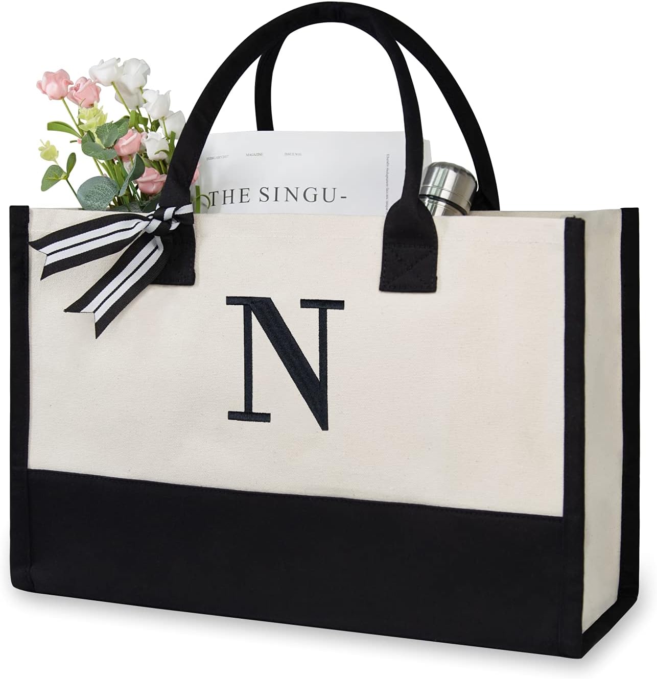 Personalized Initial Canvas Beach Bag, Monogrammed Gift Tote Bag for Women, N, Medium