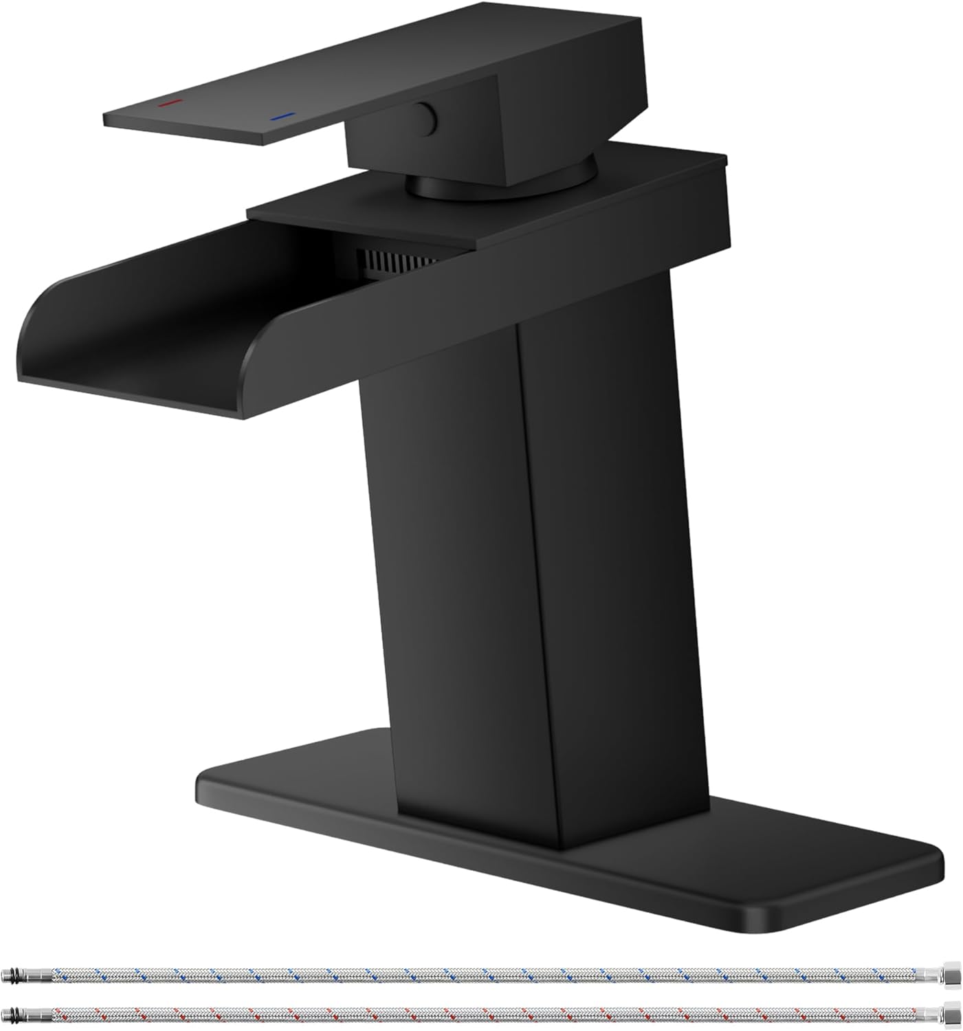Waterfall Bathroom Faucet, Matte Black Modern Single Handle Bathroom Faucets for 1 or 3 Hole Bathroom Sink Faucet Washbasin Faucet Mixer Tap with Deck and 2 Hoses