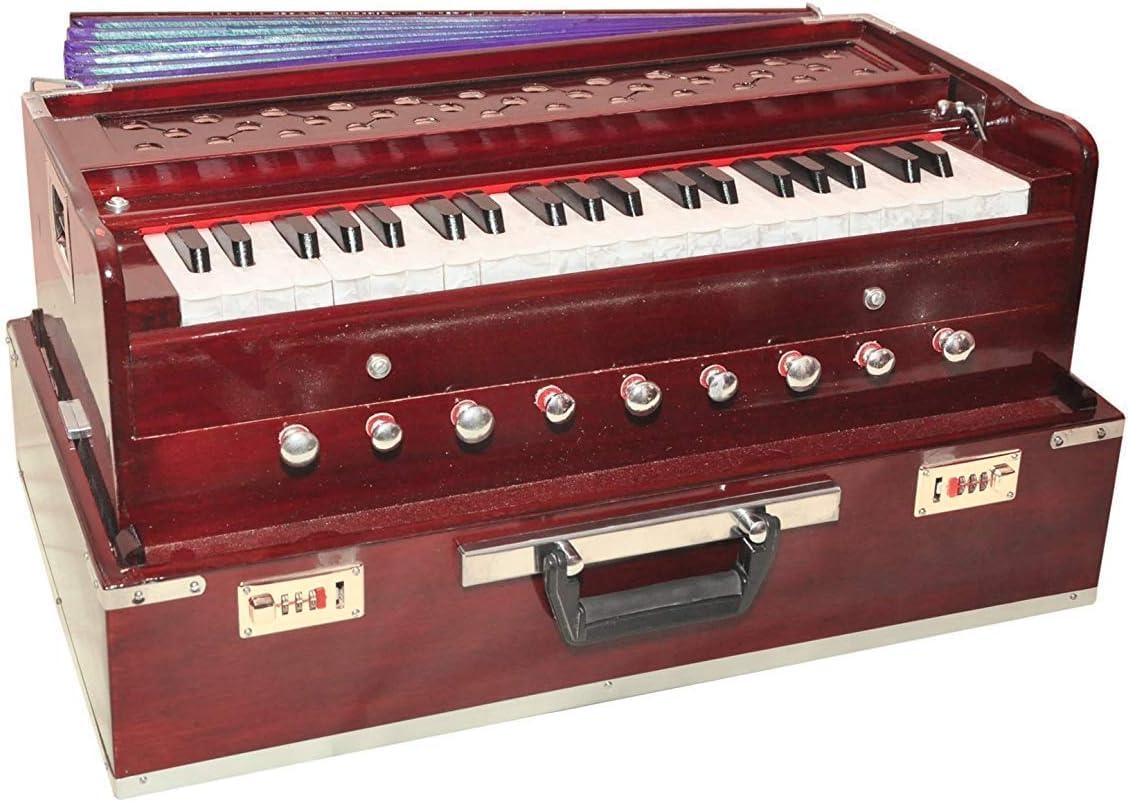Harmonium 9 Stopper (Portatile), Chudidaar 7 Soffietto, 42 Chiavi, Due Reed (Bass-Maschio), 3 1/2 Ottava, Accoppiatore, Armonio Con Coperchio (colore mogano)