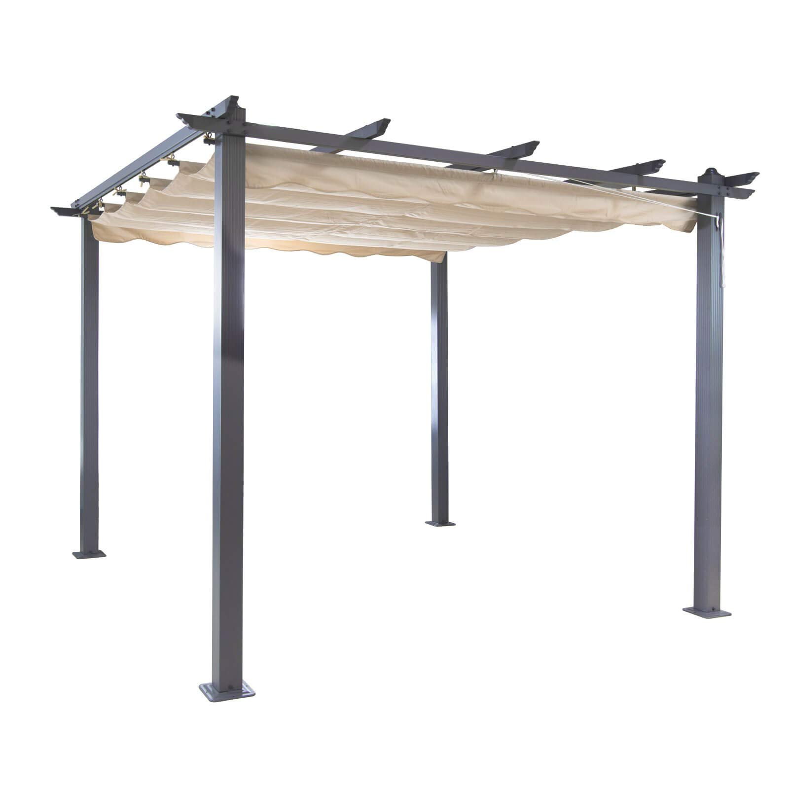DEMA Alu Pergola Garten Pavillon Freiburg, Sonnenschutz mit Sonnendach, Beige, 296x296 cm, Robust, Stabil, Wetterfest, Terrasse, Garten, Outdoor