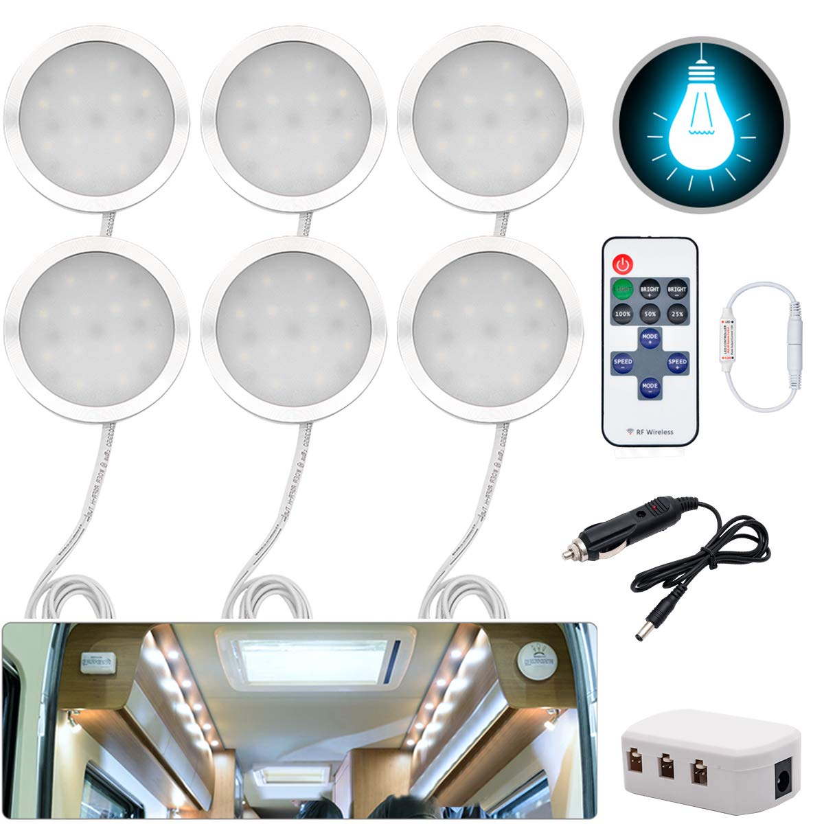 Juttauto 6 Lights Interior Led Spot Light 12V 3W Recessed Ceiling Downlight For T4 T5 Camper Van, Lorry, Caravan, Motorhome, Boat, Bus (6 Lights)