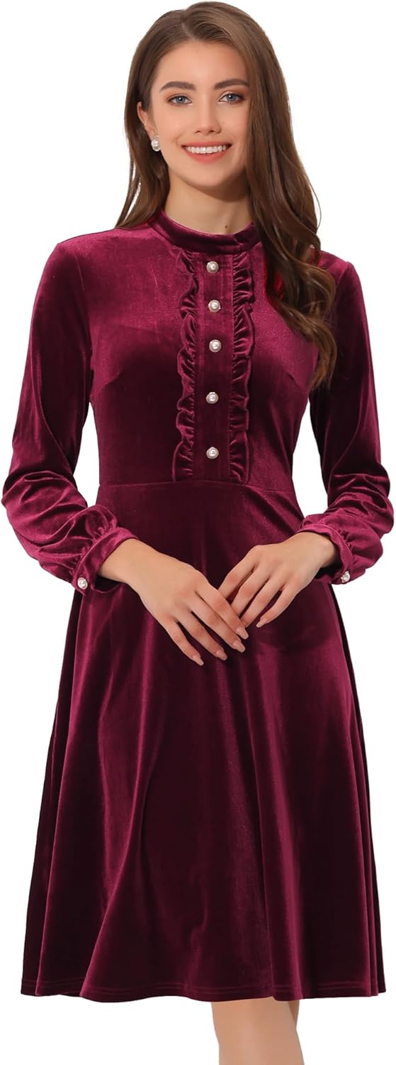 Allegra K Velvet Dress for Women's Mock Neck Button Front Ruffle Vintage Flared Dresses