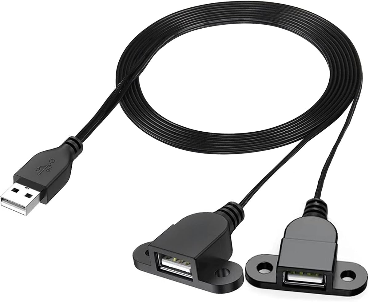 USB Charging Extension Cable Male to Dual Female, USB 2.0 Charging Port 1 to 2 Panel Mount with Screw Hole, Used for Furniture/Mobile Phones/Portable Power and More(5FT/1.5m)