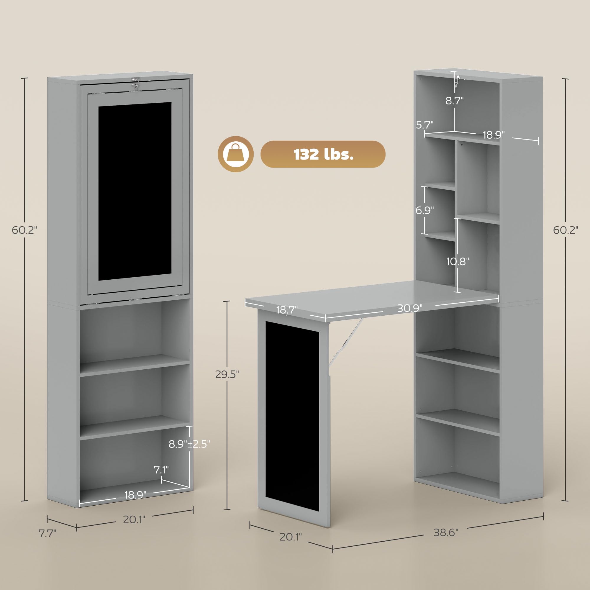 HOMCOM Fold-Out Convertible Writing Table, Wall Mount Desk Cabinet with Blackboard and Side Shelf Multi-Function Home Office Workstation, Charcoal Gray