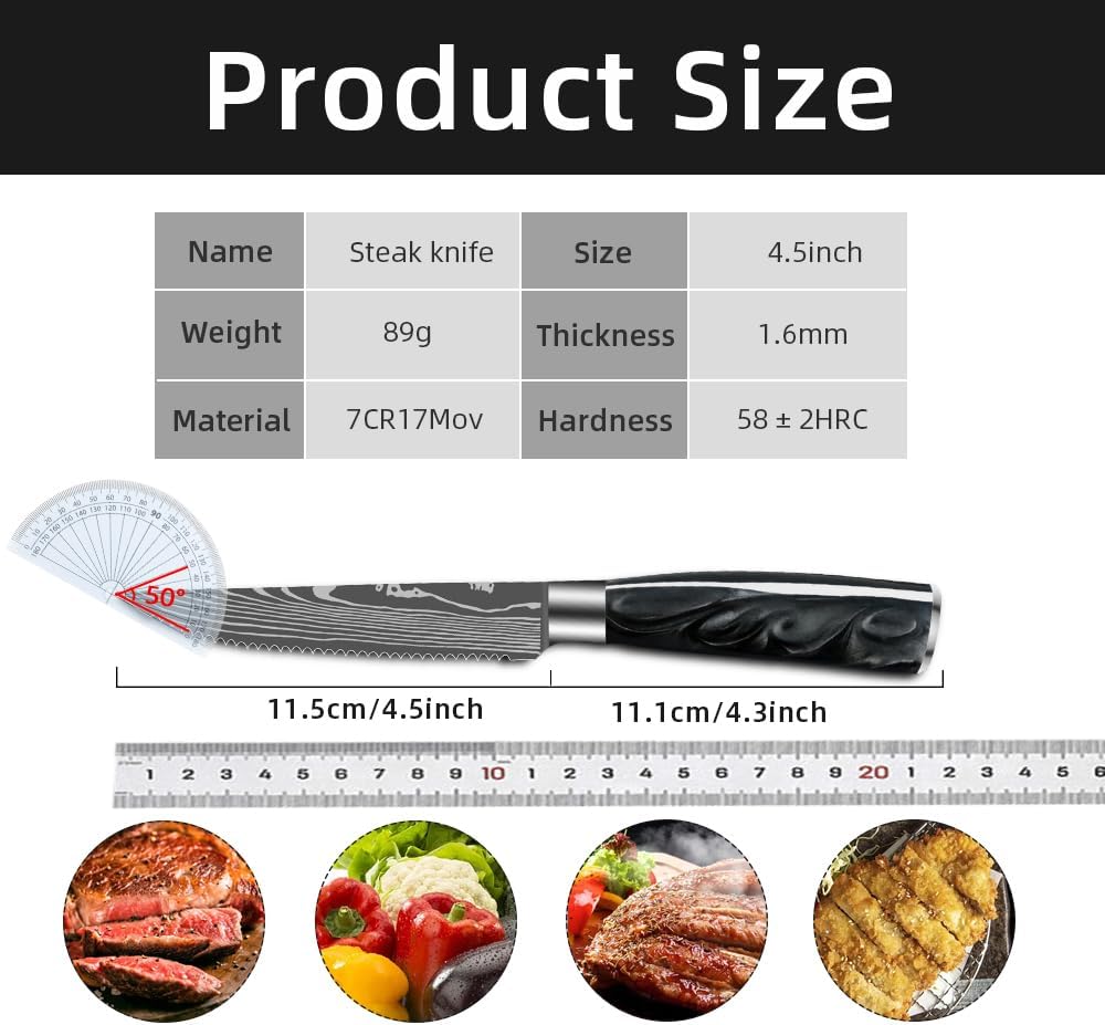 Steak Knife Set, 6PCS Steak Knife Set Full Tang Meat Table Knife for Kitchen Stainless Steel Serrated Bread Knife Beef Cleaver Cutlery Dinner Knives