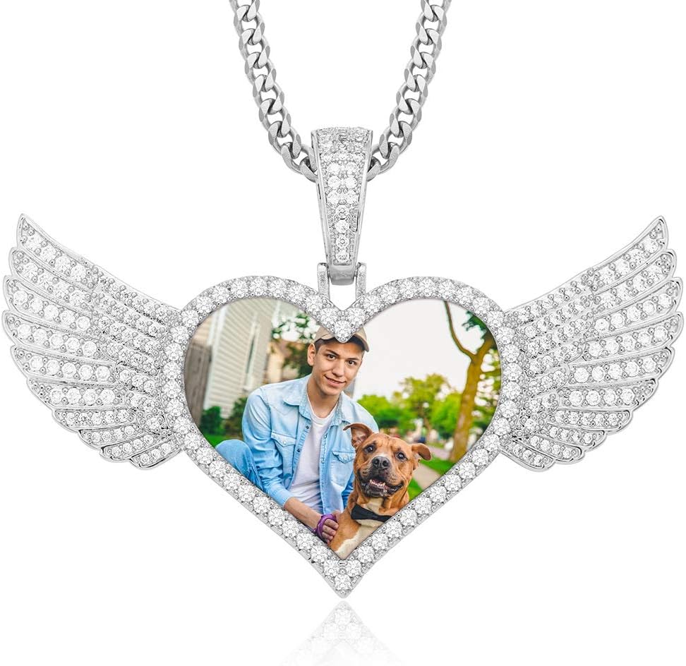YIMERAIRE Picture Necklace Personalized for Men Women 18K Gold Platinum Plated AAA CZ Round/Heart/Angel Wings Photo Pendant Medallion Chain Custom Memorial Hip Hop Jewelry