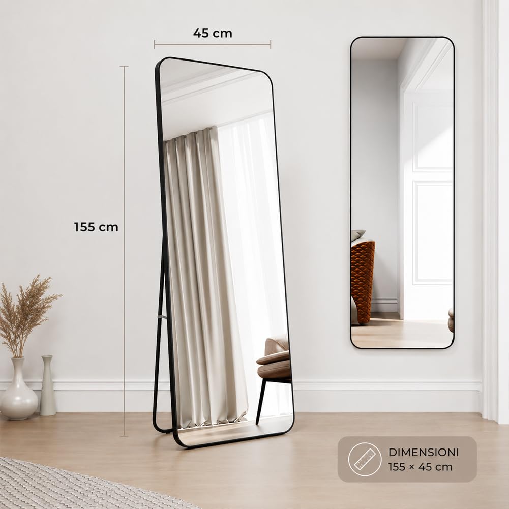 Shally Dogan Specchio da Terra e da Muro Rettangolare, Stand Autoportante Indipendente e da Parete, Decorazione Interna, Design Minimal, Figura Intera e Cornice in Alluminio, 155 x 45 cm, Nero