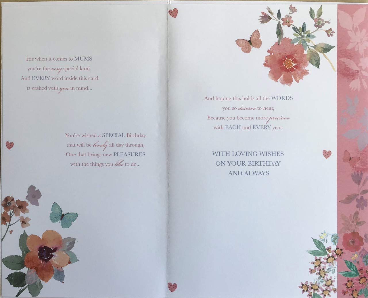 Thinking of You! Words n Wishes Mum Birthday Card - Beautiful Floral and Butterfly Design - Attractive Embossed and Foil Finish - For Her (WW-R023),Multi,186 x 266mm