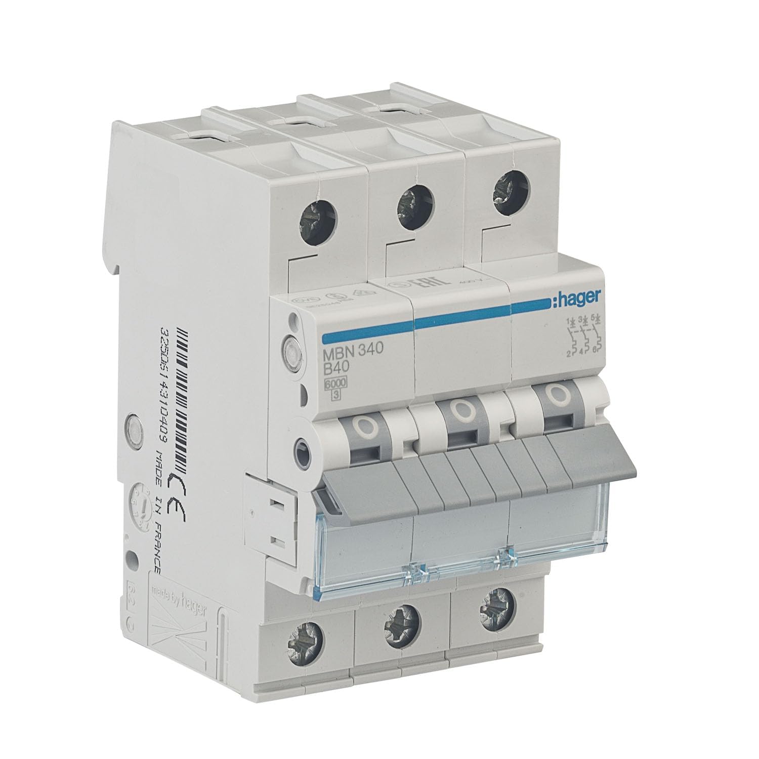 HAGER MBN340 Leitungsschutzschalter 3-polig B40A 6kA, Sicherungsautomat Drehstrom 230/400V, LS-Schalter mit biconnect Klemmsystem, 3 Module, DIN EN 60898-1, IP20