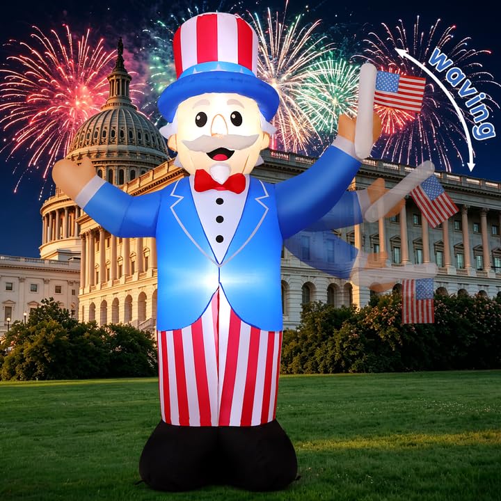 Comin 7.2 Ft 4Th Of July Patriotic Inflatable Decorations, Uncle Sam Waving Flag Blow Up Yard Decor With Built-In Led Lights For Independence Day Outdoor Lawn Garden Party