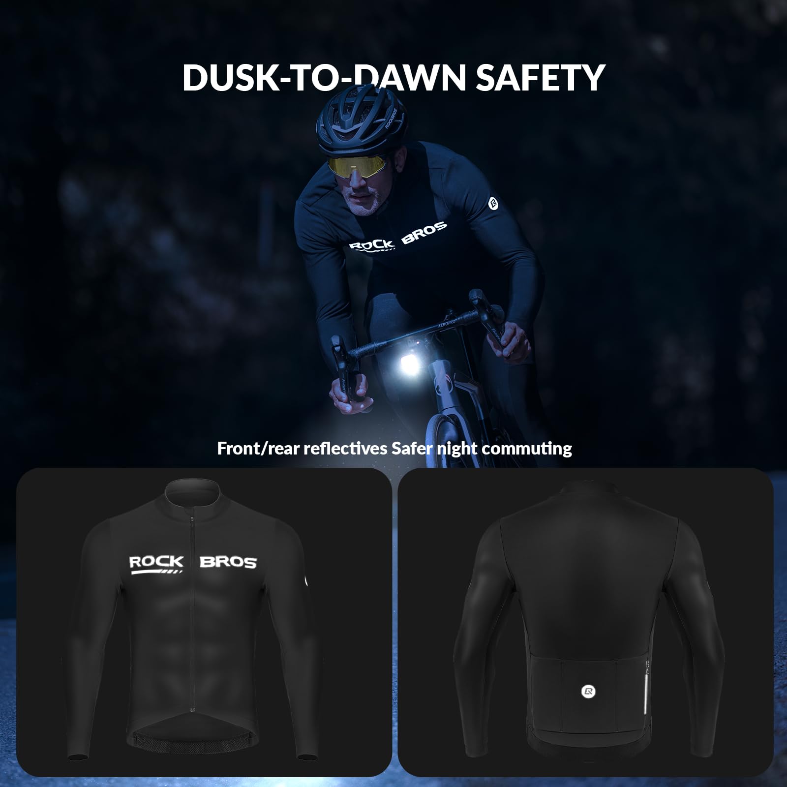 ROCKBROS Maglia Termica da Ciclismo a Maniche Lunghe da Uomo Inverno | Traspirante ed Elastica con Tasche, Maglietta Termica, Abbigliamento per Bici MTB Corsa, Nero, S