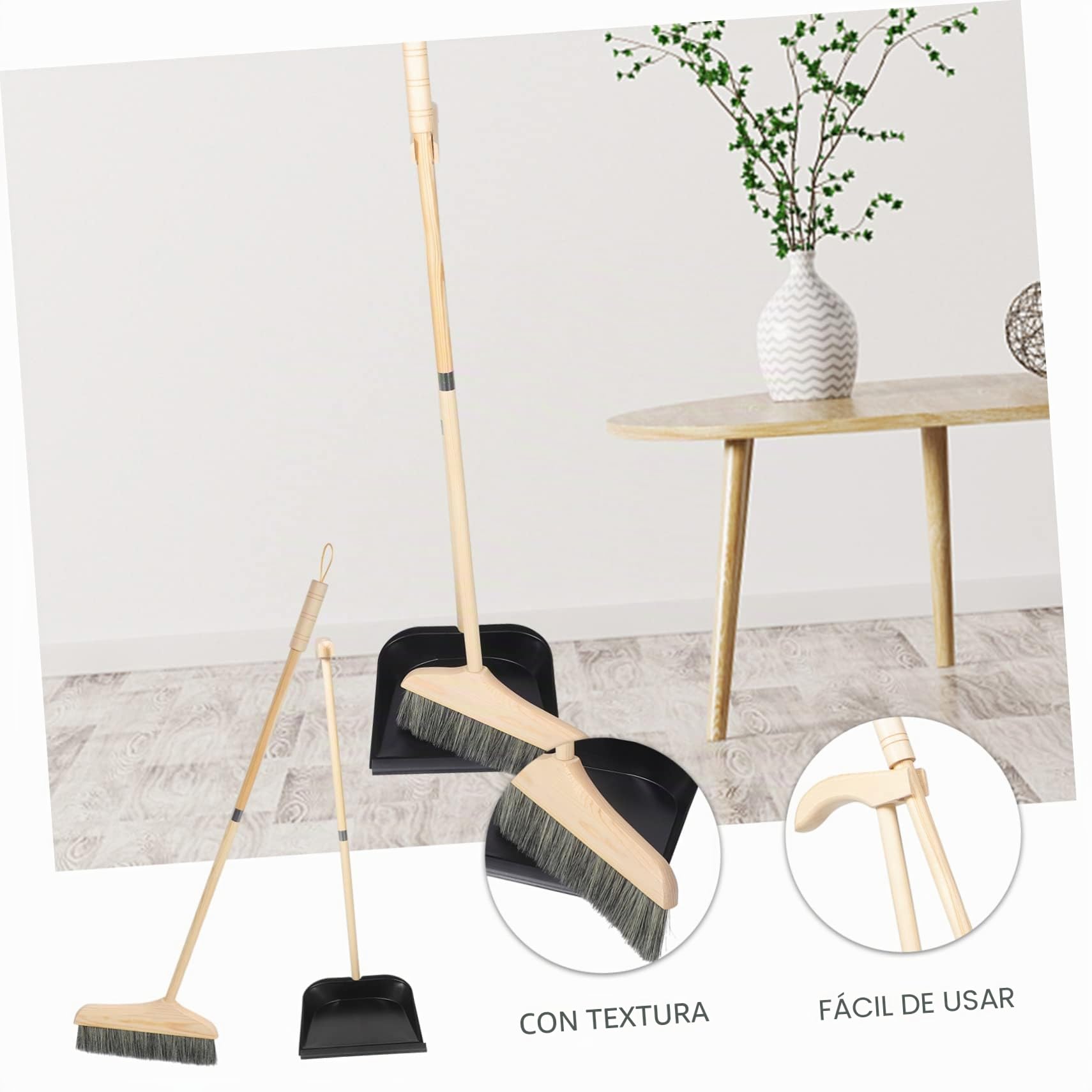 Healeved Juego de Escoba y Recogedor Diseño Ergonómico Resistente al Desgaste Mango Largo de Madera y Acero Inoxidable Adecuado para Centros Comerciales y Vestíbulos