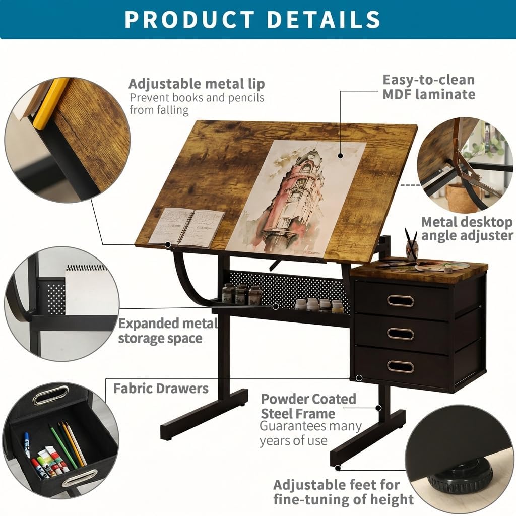 Adjustable Art Desk with Storage, 0-75° Tilting Drafting Table, 3 Drawers, Free Stool - Ideal for Diamond Painting, Architecture, Animation Projects (Rustic Brown)
