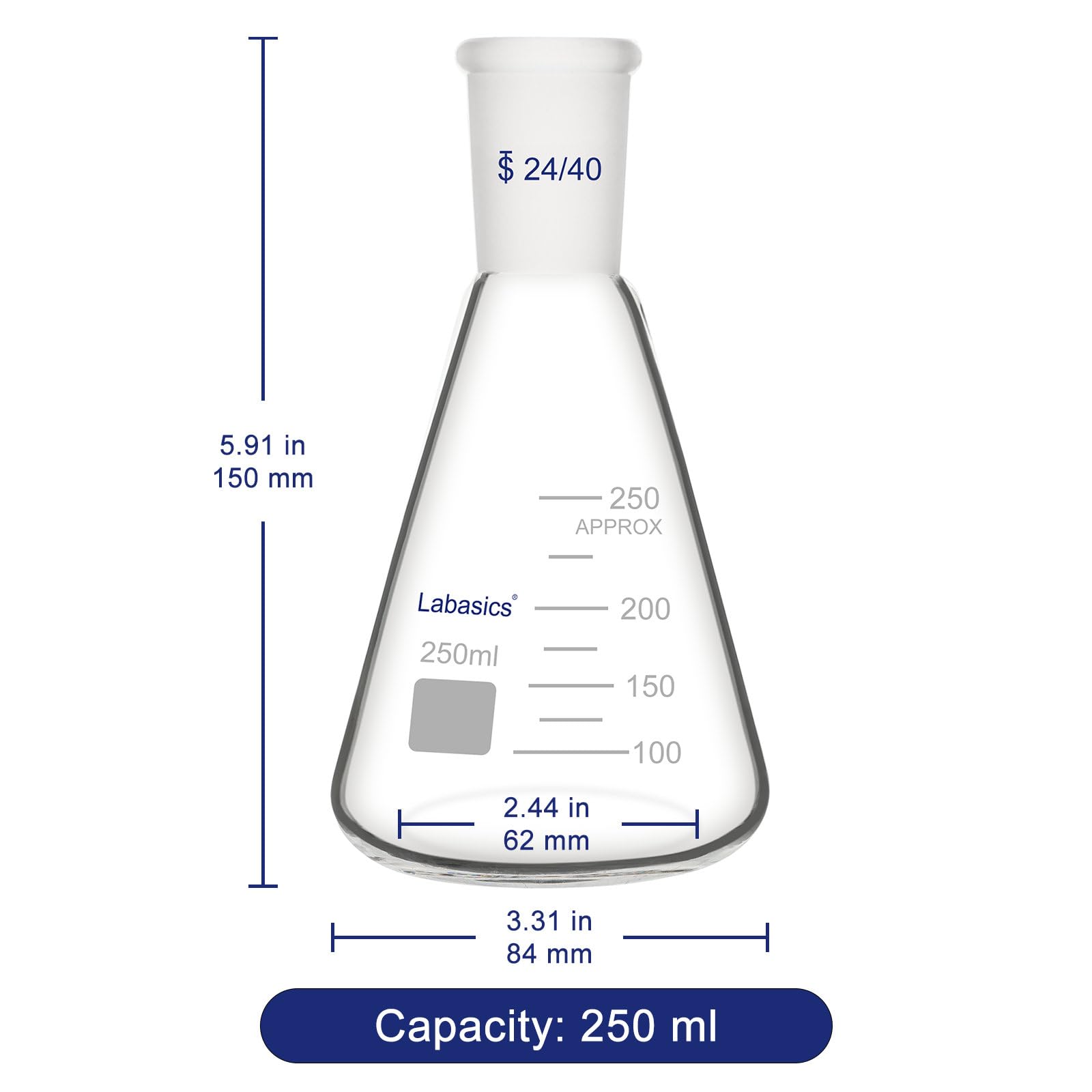 Labasics Vidrio 24/40 Erlenmeyer Matraz, Borosilicato Pared Gruesa, 250 ml