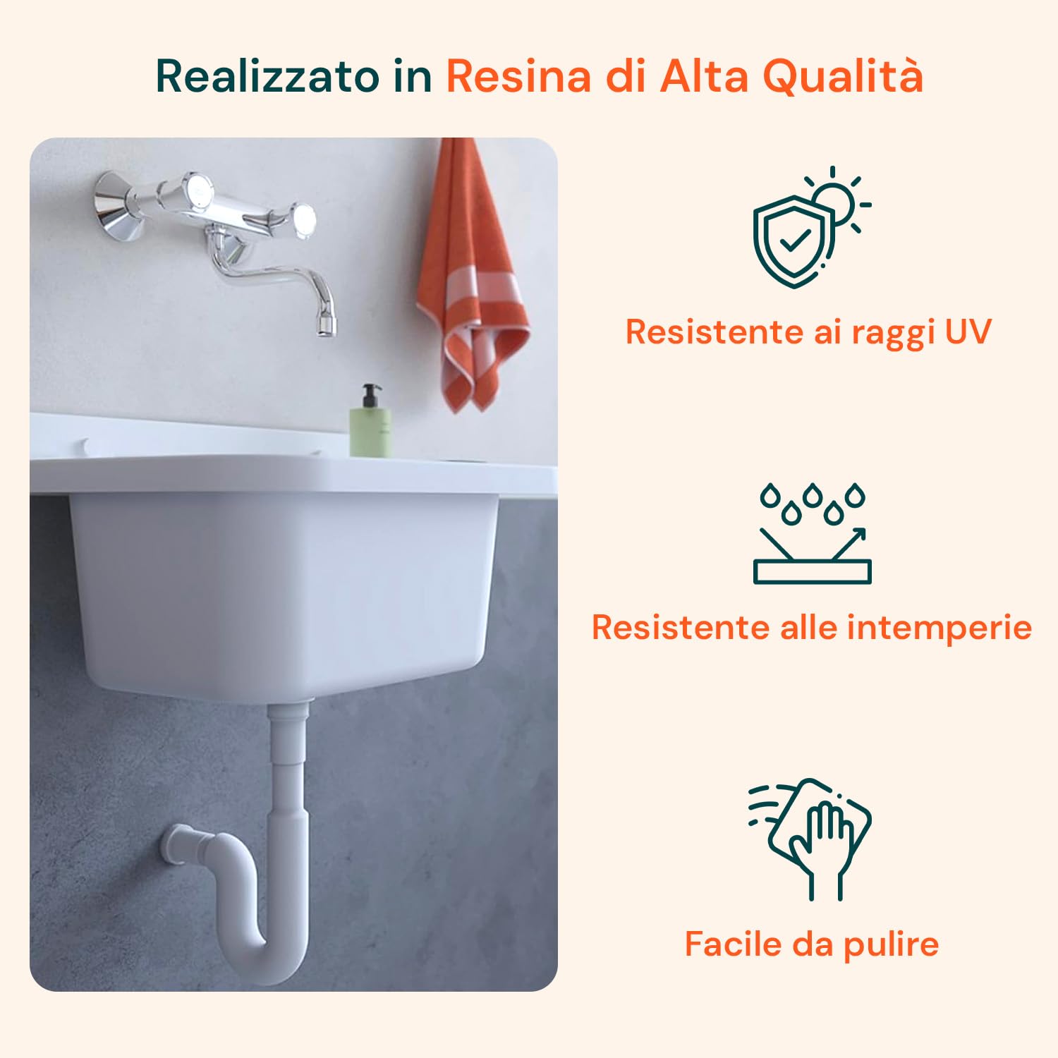 Avilia Lavatoio da Esterno - Lavabo da Parete per Lavaggio Vestiti a Mano, Ideale per Giardini, Terrazze, Campeggio, con Piano Antiscivolo, in Resina, 50x35x24cm, Bianco