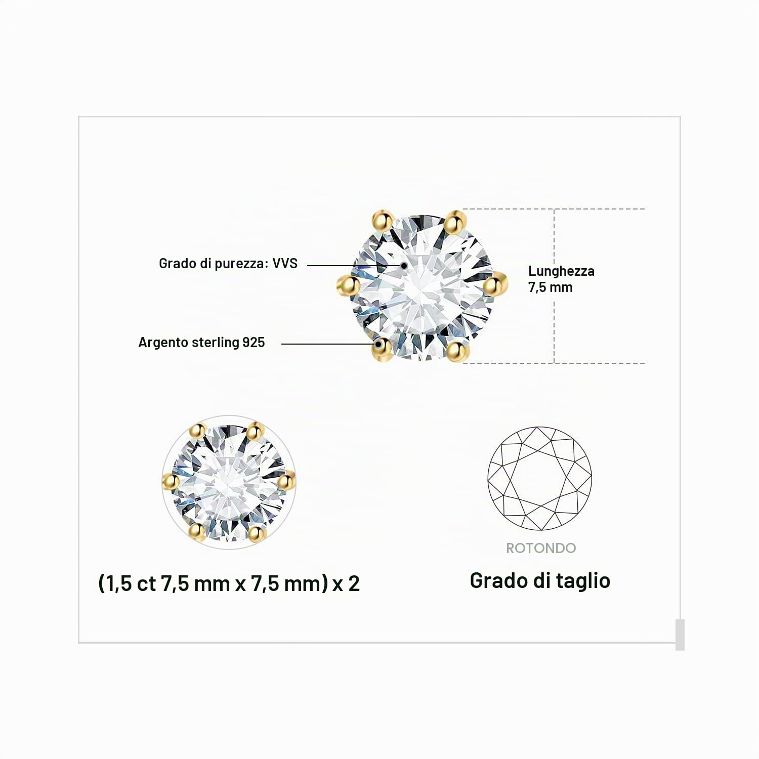 JewelryPalace Orecchini a Bottone Donna Argento 925 con Creato Moissanite, Piercing a Lobo con Pietra a Taglio Rotondo, Solitario in Tre Ori Set Gioielli