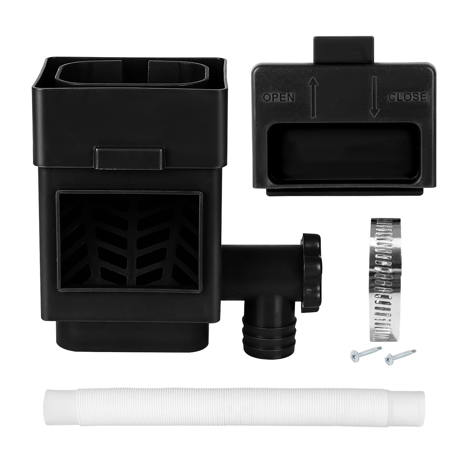 Recolector de agua de lluvia, recolector de lluvia Compatible con tubos de bajada estándar de 2x3 o 3x4 pulgadas, desviador de tubo de bajada con válvula ajustable y filtro, manguera de 1,5 m (Negro)