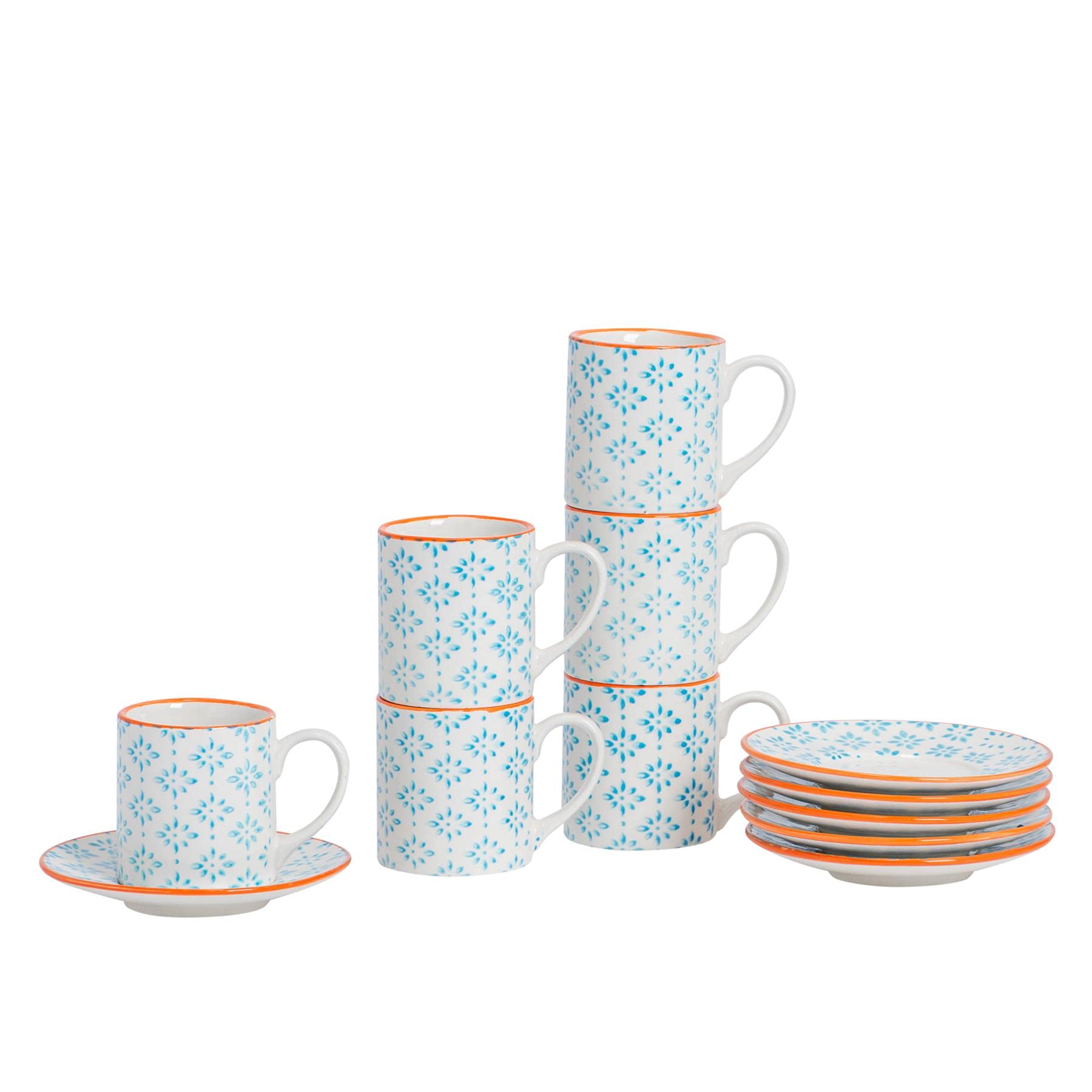 12 Piece Hand Printed Blue Espresso Cup and Saucer Set 65ml Porcelain Coffee Cups with Saucers Shabby Chic Patterned Design Dishwasher Microwave Safe