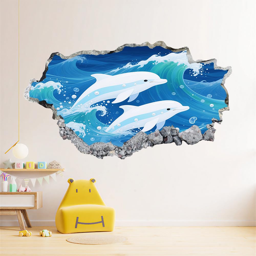 3D Wandtattoo Wanddurchbruch, Delphin Durchbruch Wandaufkleber für Kinderzimmer, sticker für Wohnzimmer, Blaue Wellen Wandsticker, Wandbild Junge Mädchen Schlafzimmer