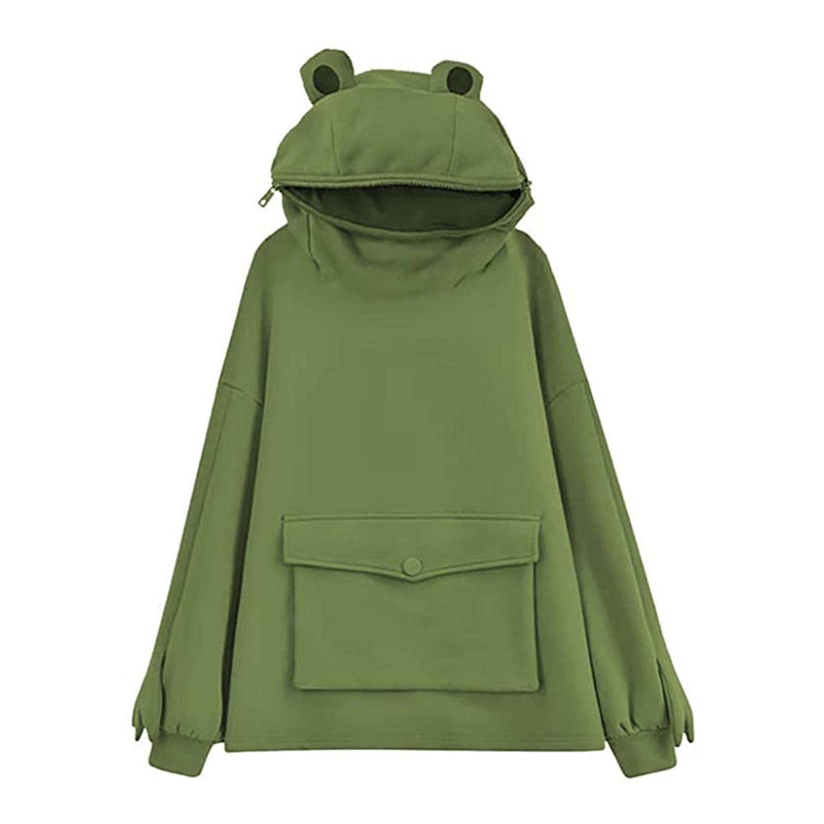 Women Cute Novelty Frog Hoodie Animal Shaped Pullover Loose Zip Up Hooded Top Sweatshirt with Big Front Pocket