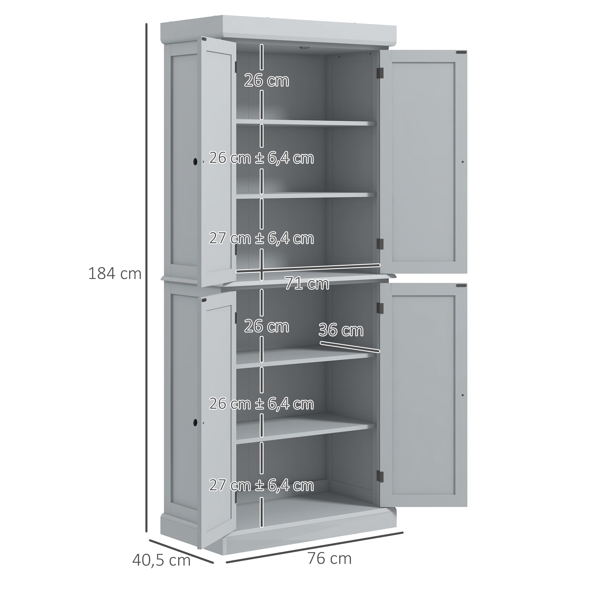 HOMCOM Armoire de Cuisine Vaisselier Style Moderne 76 x 40,5 x 184 cm Gris | Buffet Cuisine, Meuble de Rangement, avec Placards, Étagères Réglables, pour Salle à Manger, Salon