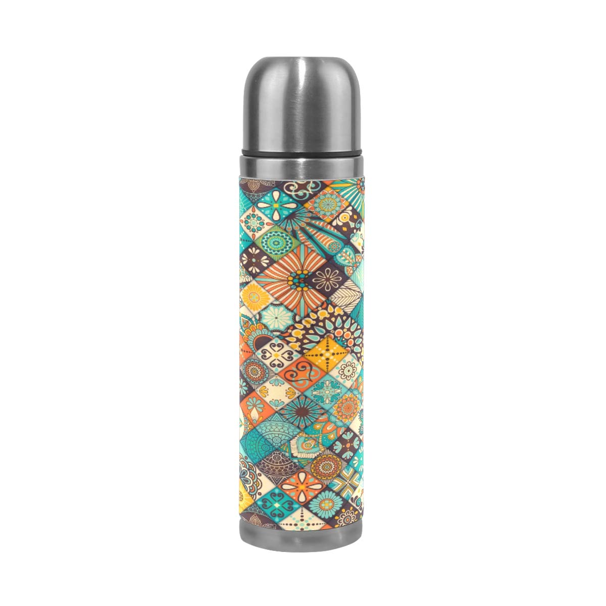 Taza de viaje de acero inoxidable con aislamiento al vacío, doble pared, a prueba de fugas, diseño indio, personalizable, de piel auténtica, 500 ml