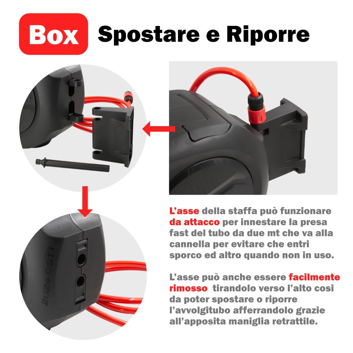 STI Avvolgitubo automatico da Giardino 20m da Parete con Box e fissaggio a parete Tubo acqua PVC 3 strati 1/2" irrigazione da muro girevole 180°, con lancia e attacchi rapidi