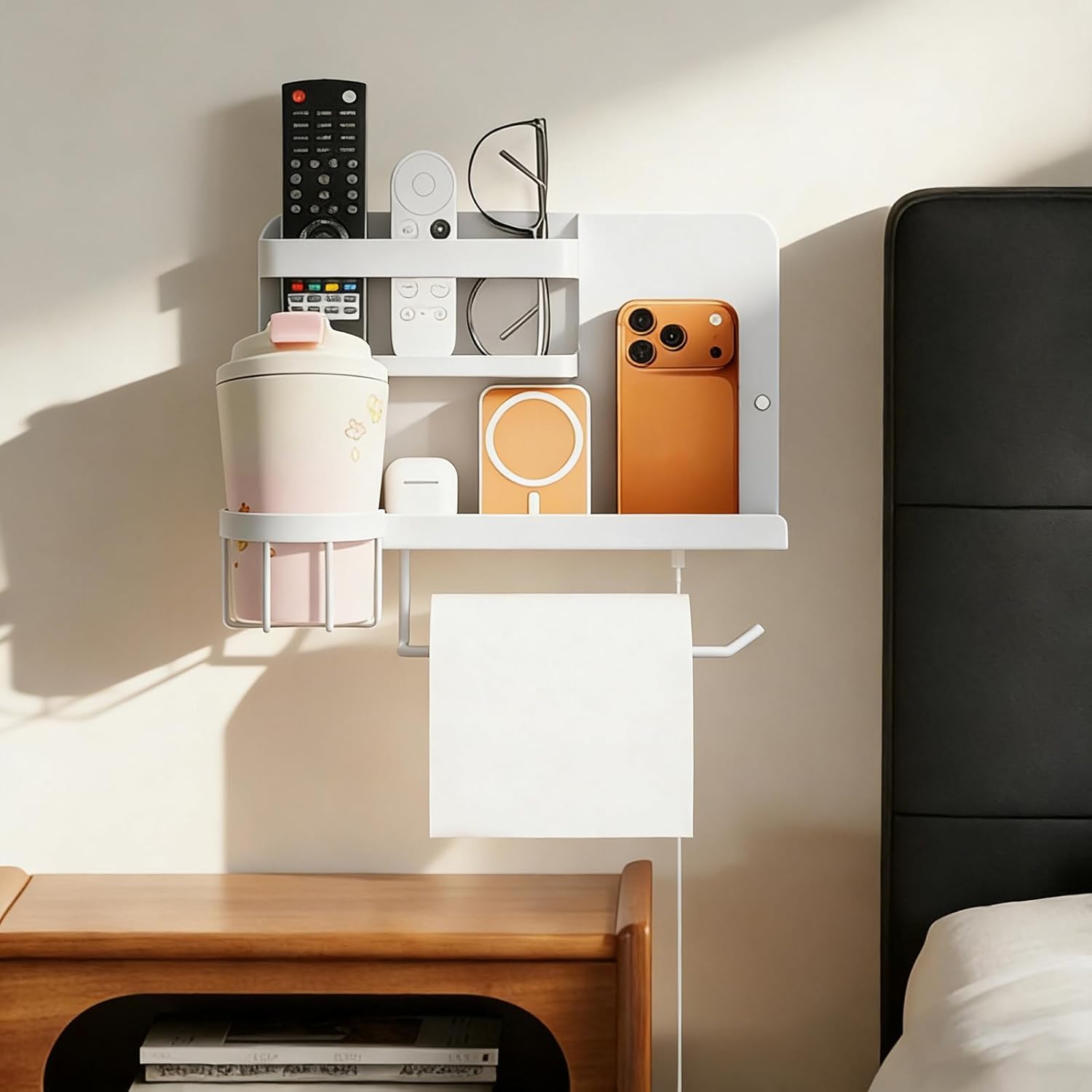 Bcareself Bedside Wall Organizer, Floating Bedside Shelf Wall Mount, Dorm Room Essentials, Remote Control Holder, Dorm Decor Organization and Storage Cool Teen Girls Trendy Stuff (White)