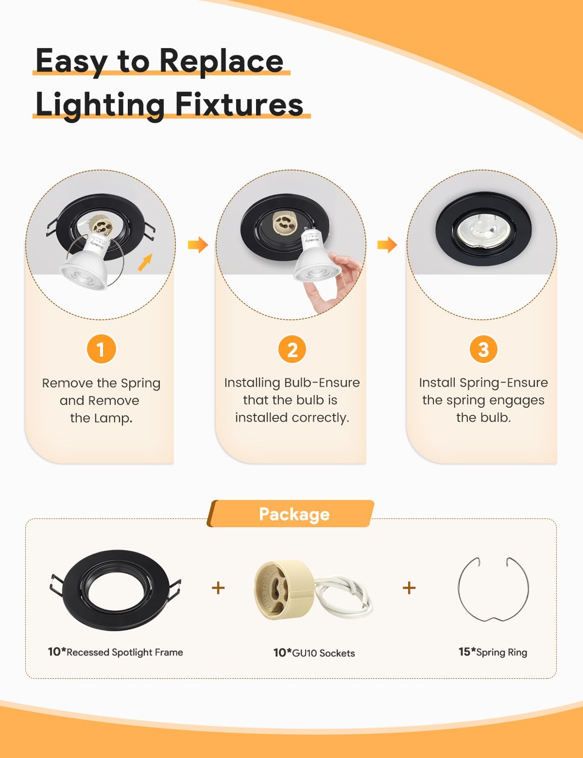 Zestaw wpuszczanych reflektorów Led GU10, 10 sztuk matowej czarnej ramy montażowej z gniazdem ceramicznym GU10 do lamp, okrągłe, Ø 70 mm obracane o 30°, do lamp LED lub halogenowych