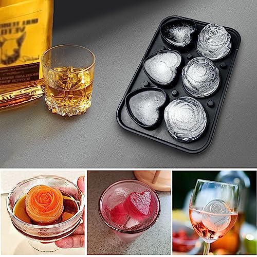 Rose Ice Cube Mold, Heart Shape Ice Cube Tray, Silicone Fun Ice Mold With Clear Funnel-Type Lid, 3 Heart & 3 Rose Shape Ice Balls For Chilling Whiskey Cocktails Drinks, Pink #TOP5