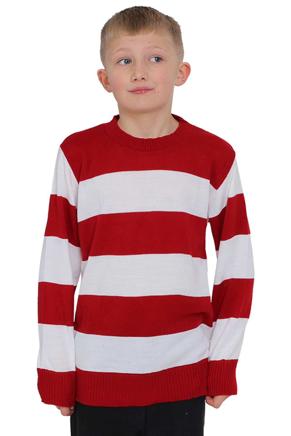 Wickedfun Boys Red,White Wicked Fun® Red And White Green Black Stripes Long Sleeves Girls Knitted Jumper Kids Halloween Fancy Parties Sweat Shirt Top (11-12 Years)