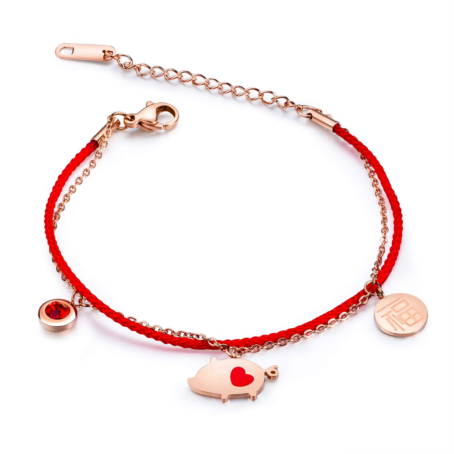 Chinese Zodiac Sign Pig Charm Bracelet for Women Cubic Zirconia Red Rope Good Luck Symbol Jewelry