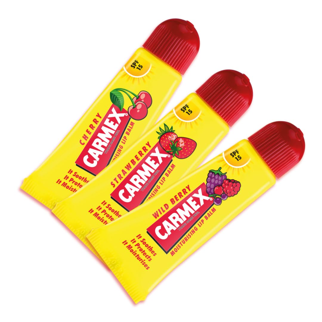 Carmex Fruity Trio Lip Balm Set – Cherry, Berry & Strawberry | SPF 15 for Sun Protection | Deeply Hydrating Lip Care for Dry Lips | Summer Essential | Travel-Friendly (Pack of 3)