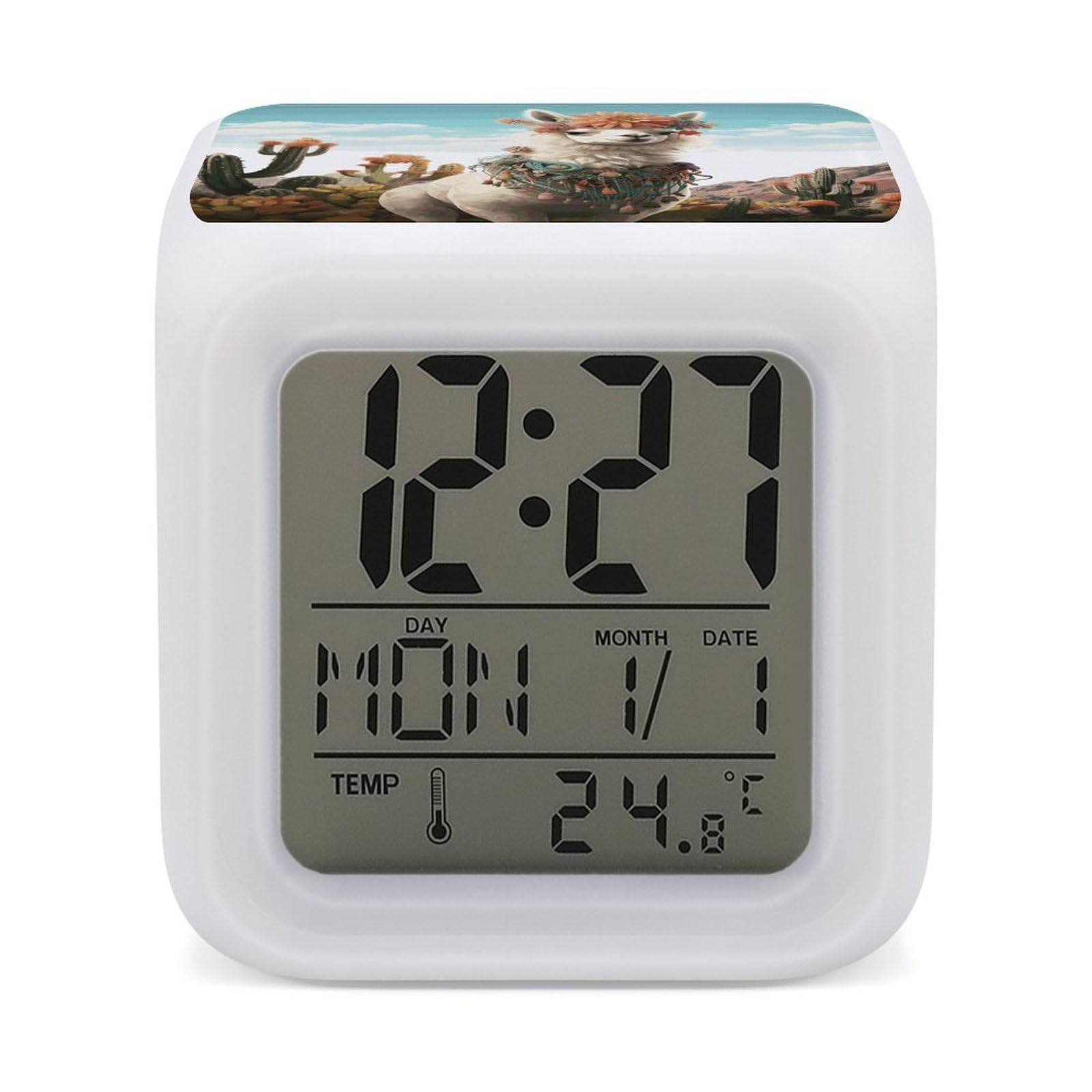 VstaDank Mexican Llama Cactus Digital Alarm Clock LED Display Screen Color Change Alarms Clock Smart Alarm Clock Wake Up Digital Clocks with 7 Color Nightlight for Bedroom