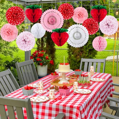 Image of 16 Pcs Strawberry Birthday Decorations - Tissue Pom Poms, Honeycomb Ball, Garland & Fans for Berry Sweet Baby Shower, Strawberry Shortcake Birthday Decorations and Girls Party Supplies